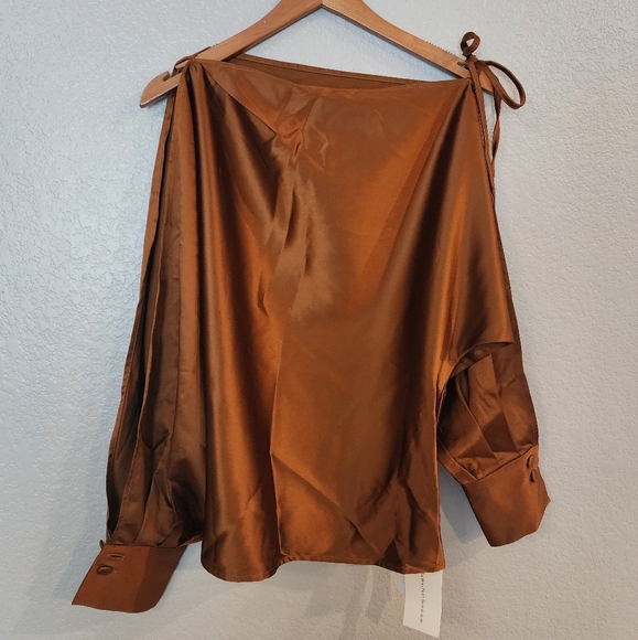 Satin Asymmetrical Cold Shoulder Tie Blouse - Picture 4 of 12